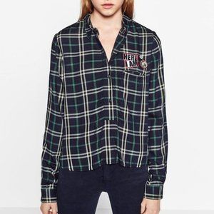 ZARA Loose Fit Cropped Plaid Shirt with Sewn Patches in excellent condition